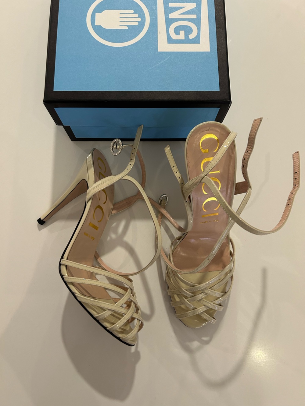 Gucci Pale Yellow Strappy Woven Heels